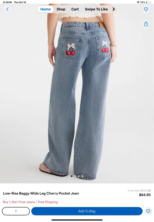 WomenLow-Rise Baggy Wide Leg Cherry Pocket JeanLow-Rise Baggy Wide Leg Cherry Pocket Jean