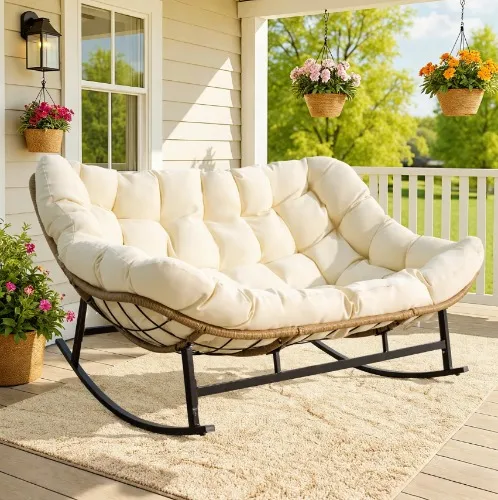 Oversized Rocking Chair Outdoor Indoor with 40" D and 58" W Seat, Double Papasan Lounge Rocker Chair with Padded Cushion