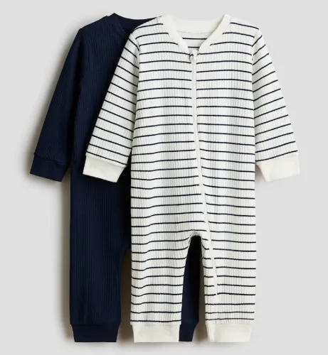 2-Pack Cotton Pajama Jumpsuits - White/navy blue striped
