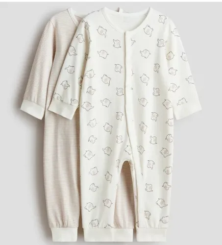 2-pack Patterned Cotton Pajamas - Light beige / elephants