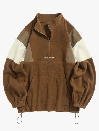 ZAFUL Men's Fluffy Polar Fleece Sweatshirt NEW YORK Embroidery Colorblock Half Zip Unisex Hoodie