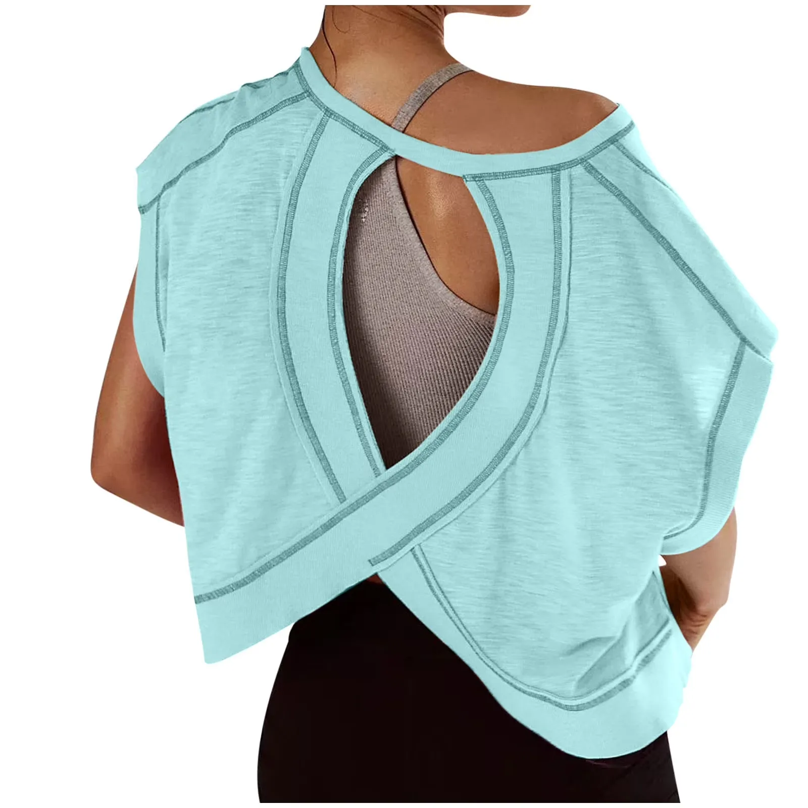 Moxiu Womens Open Back Workout Tops Backless Short Sleeve Shirts Loose Gym Hollow Out Tee Crew Neck Yoga Tees Crop Top 2025 Light Blue,M