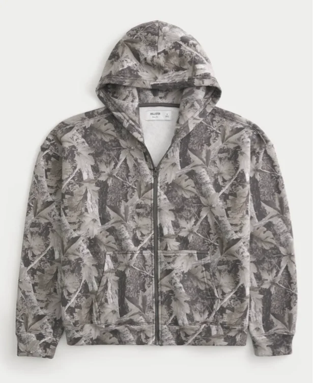 boxy camo zip-up hoodie