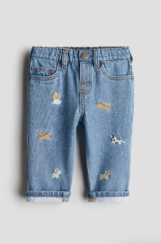 H&M | Embroidery-Detail Jeans | Denim blue/dogs | Size 12M
