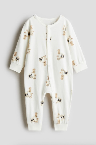 H&M | Patterned Pajama Jumpsuit | White/dogs | Size 6-9M