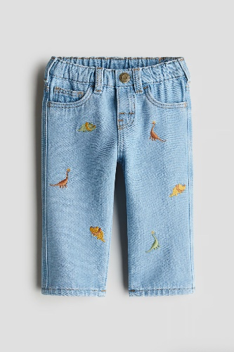 H&M | Embroidery-Detail Jeans | Light denim blue/dinosaurs | Size 12M