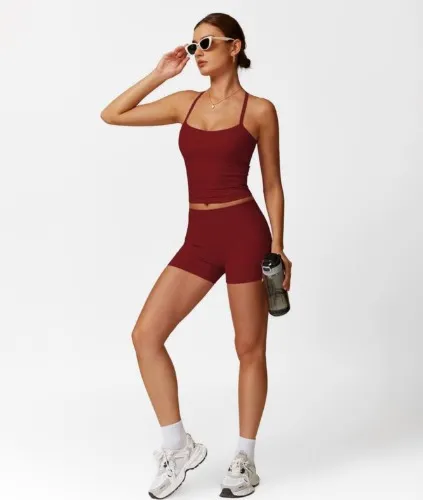 Women's Solid Backless Crop Cami Top & Shorts Fitness Sportswear Set, Sporty Sleeveless Top & Skinny Shorts, Ladies Sportswear for Indoor Outdoor Wear, Fall Outfits Soccer Mom Outfit Yoga Activewear Gym Leggings