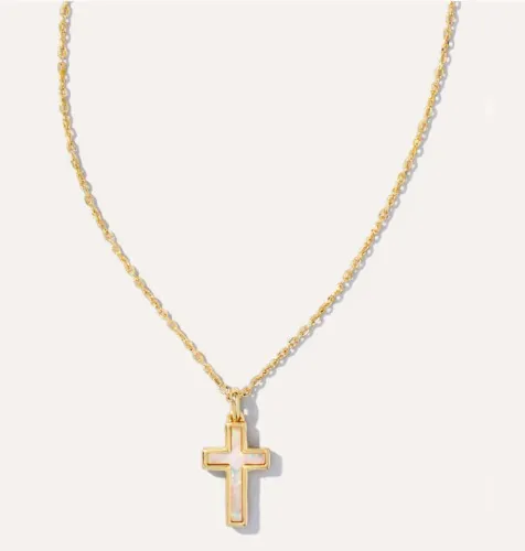 Cross Gold Pendant Necklace in White Lab Grown Opal