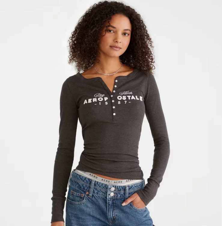 ClearanceWomenTopsLong Sleeve Aeropostale 1987 Graphic HenleyLong Sleeve Aeropostale 1987 Graphic Henley