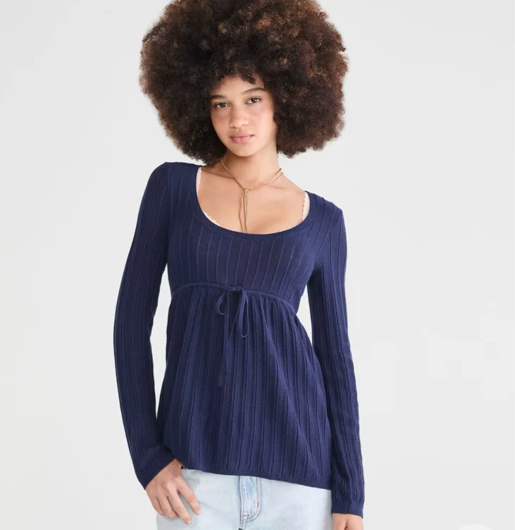 Textured Rib Scoop-Neck Babydoll Sweater