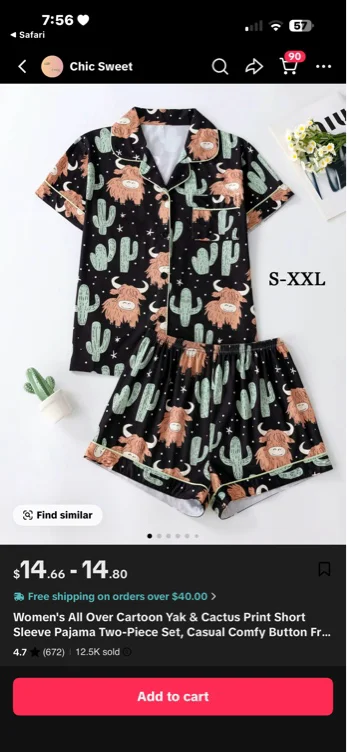 Women's All Over Cartoon Yak & Cactus Print Short Sleeve Pajama - TikTok Shop