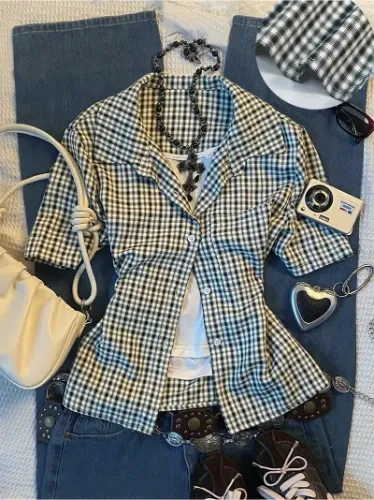 Women's Casual Retro Plaid Short Sleeve Shirt, Polo Neck Design, Comfortable Style, Ideal for Daily Wear, Back-To-School Season