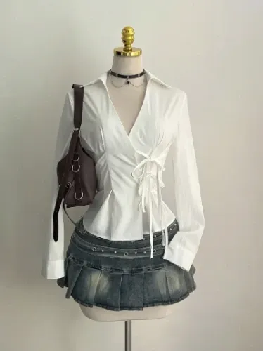 Elegant Asymmetrical Waist Cinched Fitted Top for Women, Slimming Belted Open Front Long Sleeve Shirt, Stylish Casual Blouse Womenswear
