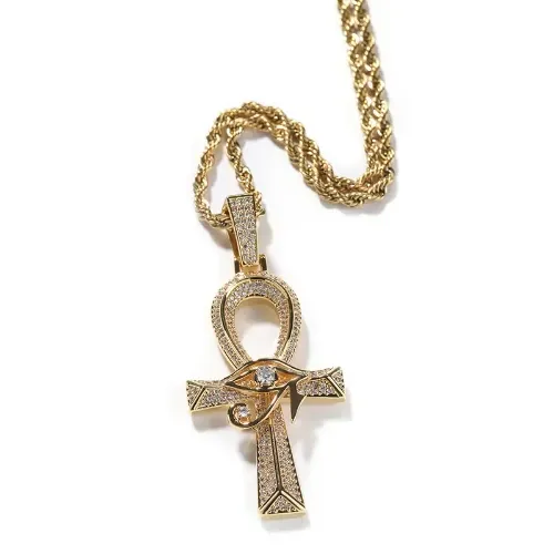 Diamond Studded Pendant - Copper Base, Eye of Horus Motif, Ankh Cross Elegant Electroplated Retro Versatile Non-Fading Hypoallergenic Unisex Men's Costume Jewelry Necklace Charm