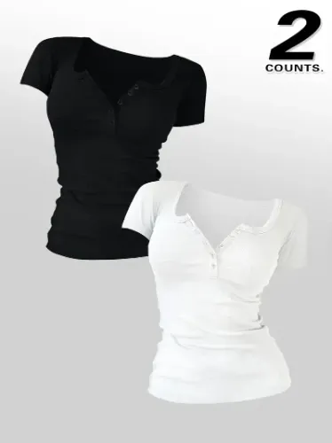 Women's 3-Piece Fashion Short Sleeve Round Neck Solid Color T-Shirt Set, Thin Fit Casual Basic Tops with Buttons for Spring/Fall Daily Wear
