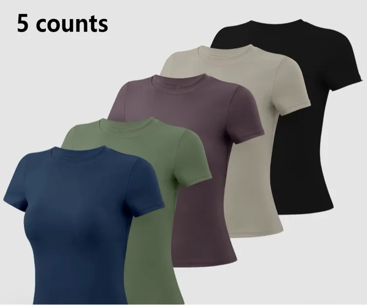 TimeOFF 5-Piece Solid Sports Tee Set Round Neck Slim Stretch - TikTok Shop