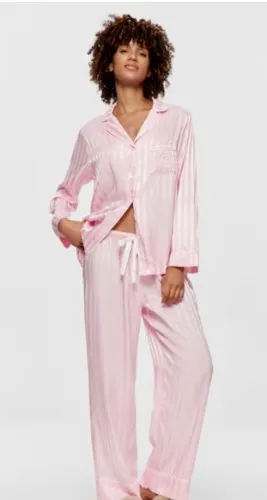 Long Pink Stripe Chic Satin Pj Set  Pink 