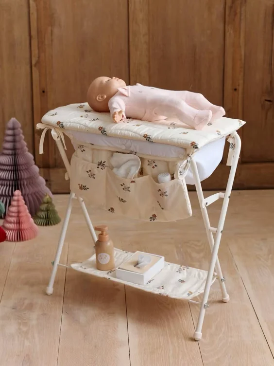 Table à langer 2 en 1 pour poupon en métal RETRO FLOWER écru - Vertbaudet