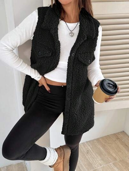 SHEIN EZwear Women's Plain Front Button Sleeveless Pocket Casual Jacket, Everyday Wear In Fall/Winter