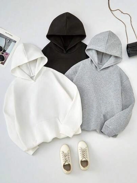 SHEIN 3pcs Tween Girls' Basic Casual Black, White, Gray Hoodie Set