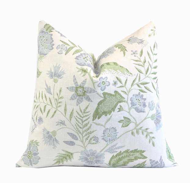 Kathy Vine Blue and Green Linen Pillow Cover | Designer | High End | Soft Sky Blue and Green on Belgian Linen
