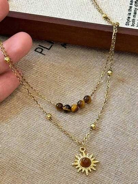 1pc Vintage Gold Sunflower & Tiger Eye Pendant Necklace, Layered Wear Sweater Chain Necklace, Fashion Accessories For Party, Banquet
