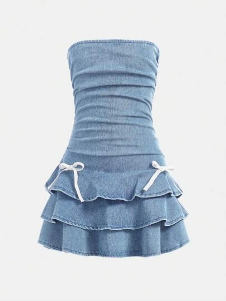 SHEIN Girlism Tween Girls Y2K Fashion Stonewashed Snug Fit Dress With Layer And Bowknot Detailed
