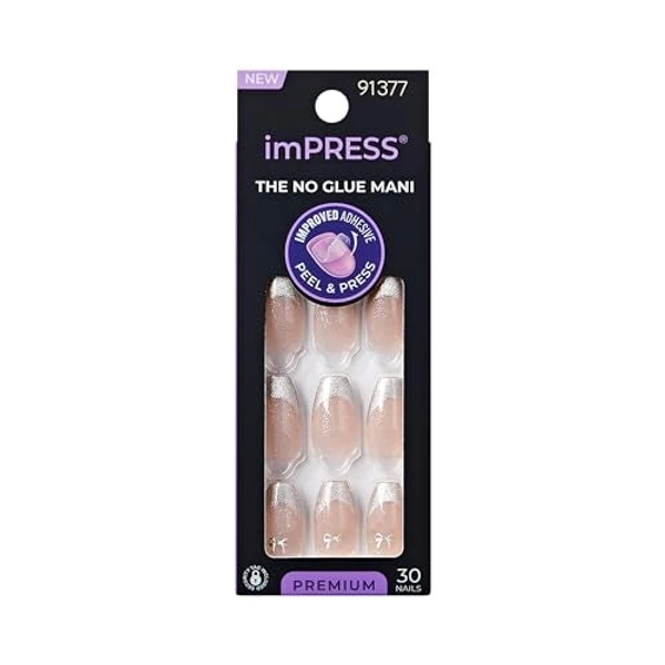 KISS imPRESS No Glue Mani Press On Nails, Premium, 'Memory Lane', Silver, Medium Size, Coffin Shape, Includes 30 Nails, Prep Pad, Instructions Sheet, 1 Manicure Stick, 1 Mini File