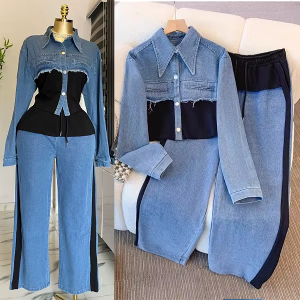 2 Piece Sets Women Pant Set Denim Splice Matching 2025 Spring Top Wide Leg Long Trousers Loose Lace Up High Waist Jogger Suit