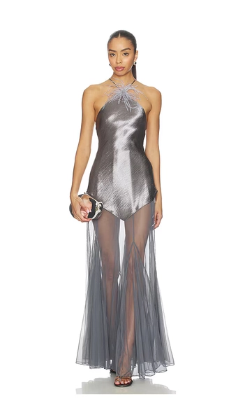 Halterneck Satin Mesh Maxi Dress