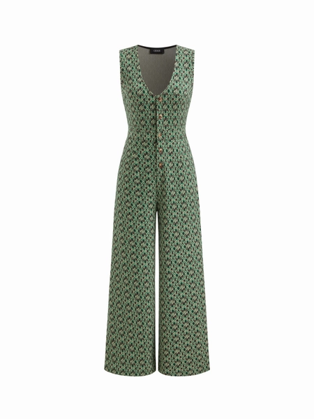 Floral V-neck Button Wide Leg Jumpsuit