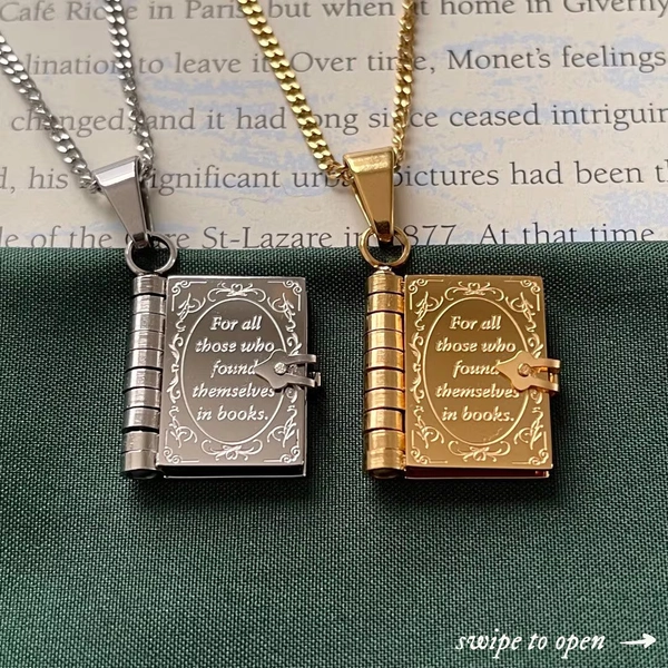 Book Lovers Locket Necklace, Stainless Steel Bookish Jewelry
