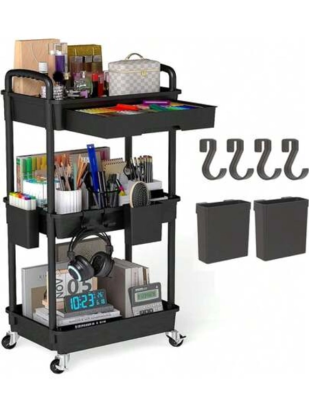 SPACEKEEPER 3 Tier Rolling Storage Cart With Drawers Rolling Utility Cart With Drawers,Room Decor,Bathroom Decor,Rolling Utility Cart Rolling Storage Organizer Tool For Kitchen,Bathroom,Living Room,Office Outdoor Decor