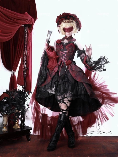 Rose Blood - Black Red Gothic Lolita JSK Jacquard Court Dress