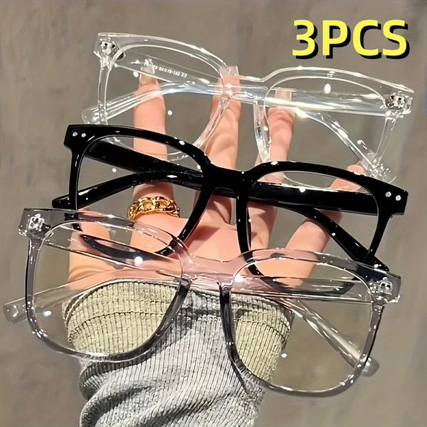 3 Pairs of Unisex Fashion Glasses, Square Frame for Styling, Gaming, Phone Use & TV Watching, Black Clear Frame with Contour Design