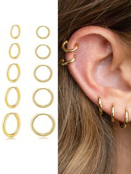 5 Pairs Of Huggie Hoop Earrings For Women, 14K Gold Plated Stainless Steel Lightweight: Hypoallergenic Hinged Small Thin Hoop Earrings For Lobe Cartilage Helix Multiple Piercing