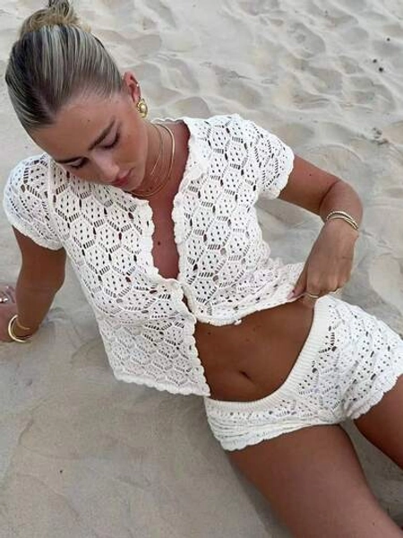 Women's Summer Vacation Outfits Crochet Mesh Sexy Hollow Beach Short Sleeve Knit Cardigan +Shorts 2 Pieces Set - Vacation 2 Pieces Sets Woman, Crochet Cover Club Outfits Women Sexy Slim Fit