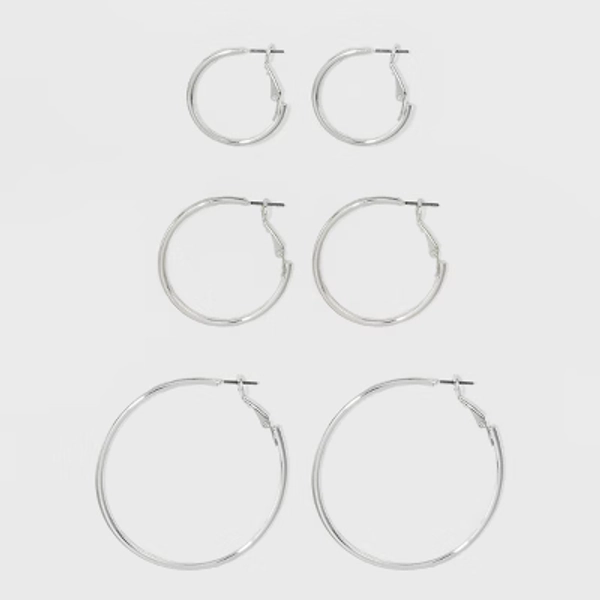 Hoop Earring Set 3pc - A New Day™ Silver: Nickel-Free Metal, Leverback Closure, 2.25" Length