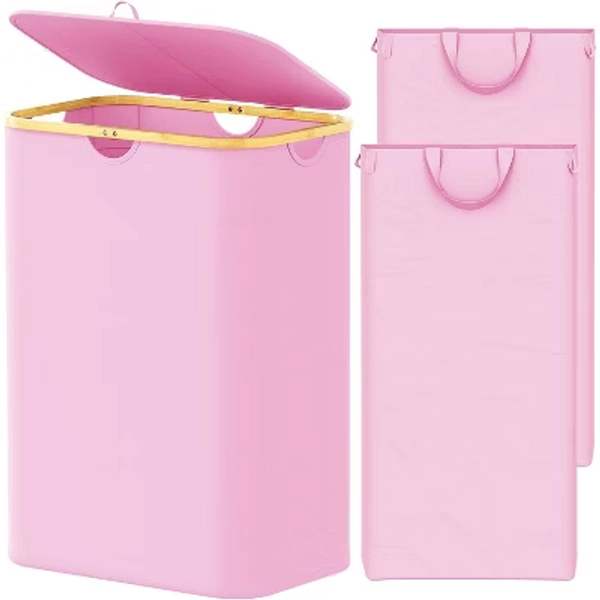 Laundry Hamper 2-compartment with 2 Removable Bags, 160L Collapsible Basket with Lid and Bamboo Handles – SpaceAid