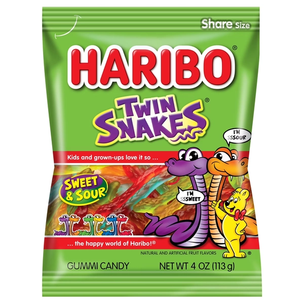 HARIBO Twin Snakes Gummies Original Sweet and Sour Assorted Fruit Flavor Gummy Candy, 4 oz, Share Size Peg Bag - Walmart.com