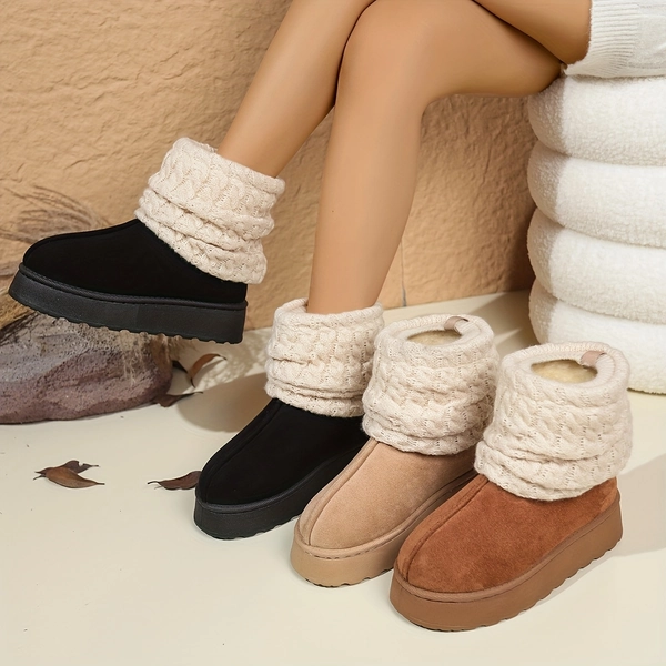 [Women's Cozy Slip-On Boots] Women's Cozy Slip-On Mid-Calf Boots with Thick Platform Sole, Round Toe & Knitted Cuff - Soft Fabric Upper, Faux Cover Sole, Beige, Brown, Black - Perfect for Winter Outdoor & Party Wear, Winter Boots, Party Footwear, Knitted Texture, Comfortable Fit