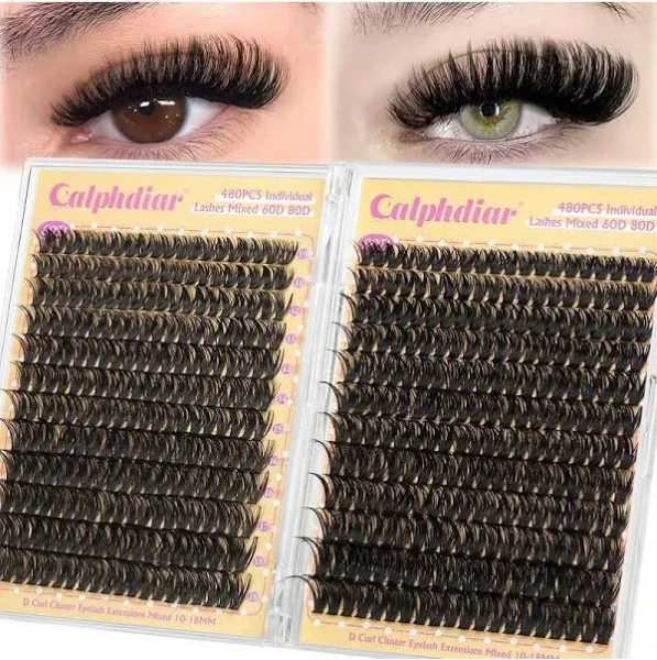 Calphdiar Wispy Lash Clusters 30D+40D+50D+60D Individual Lashes 480PCS Eyelash Clusters Natural Volume Lashes Clusters D-Curly Cluster Eyelash