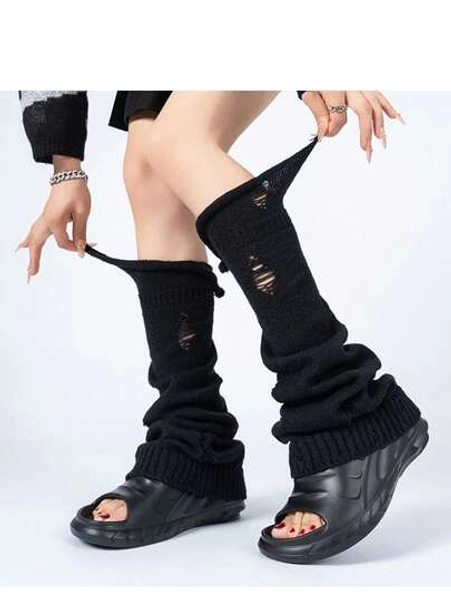 Women's Autumn/Winter Leg Warmers, Knitted Leg Warmers, Distressed Holes Slouch Leg Warmers, Y2K Fashion Leg Sleeves, Slimming