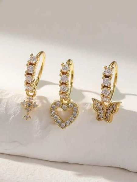 3pcs/Set Copper Zirconia Crystal Heart, Cross, Butterfly Nose Ring Jewelry Set, Suitable For Women As Christmas, Halloween, Valentine's Day, Birthday Gift Or Daily Wear Valentines,Mom,Mother,Mother's Day,Gift