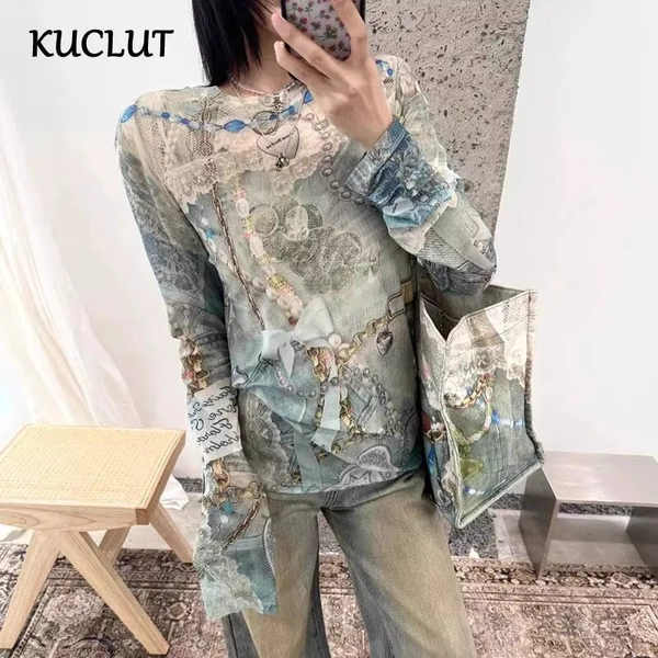 KUCLUT 2025 Early Autumn New Design Lace Pearl Chain Print 3D Printed T-shirts For Women Round Neck Long Sleeve Tops 1A917 - AliExpress 200000345