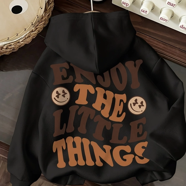 Women's Casual Hooded Sweatshirt with "Enjoy The Little Things" Back Print - 100% Polyester, Stretchy Winter Warmth, Drawstring Hood & Machine Washable, Black with Brown Lettering