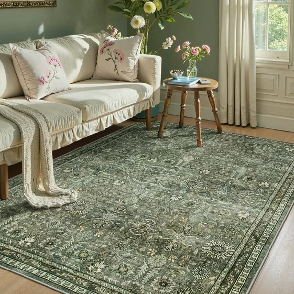 Lahome Vintage 5x7 Area Rugs for Living Room, Washable Non Slip Green Bedroom Rug, Boho Floral Soft Non-Shedding Indoor Carpet for Kitchen Playroom Foyer Office