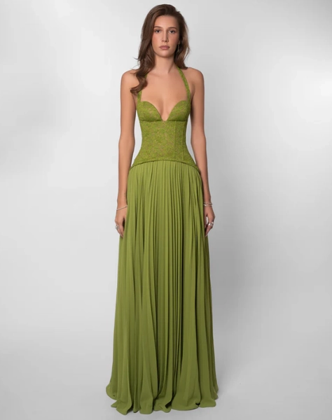 Graceful Green Halter Sleeveless Lace Pleated Long Prom Dress YK1039