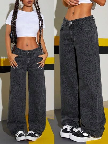 SHEIN Tall Fashionable Low-Waist Leopard Print Washed Straight-Leg Jeans