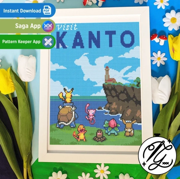Visit Kanto Pokemon Pattern - Modern Colourful Cross Stitch - Digital PDF, Instant Download